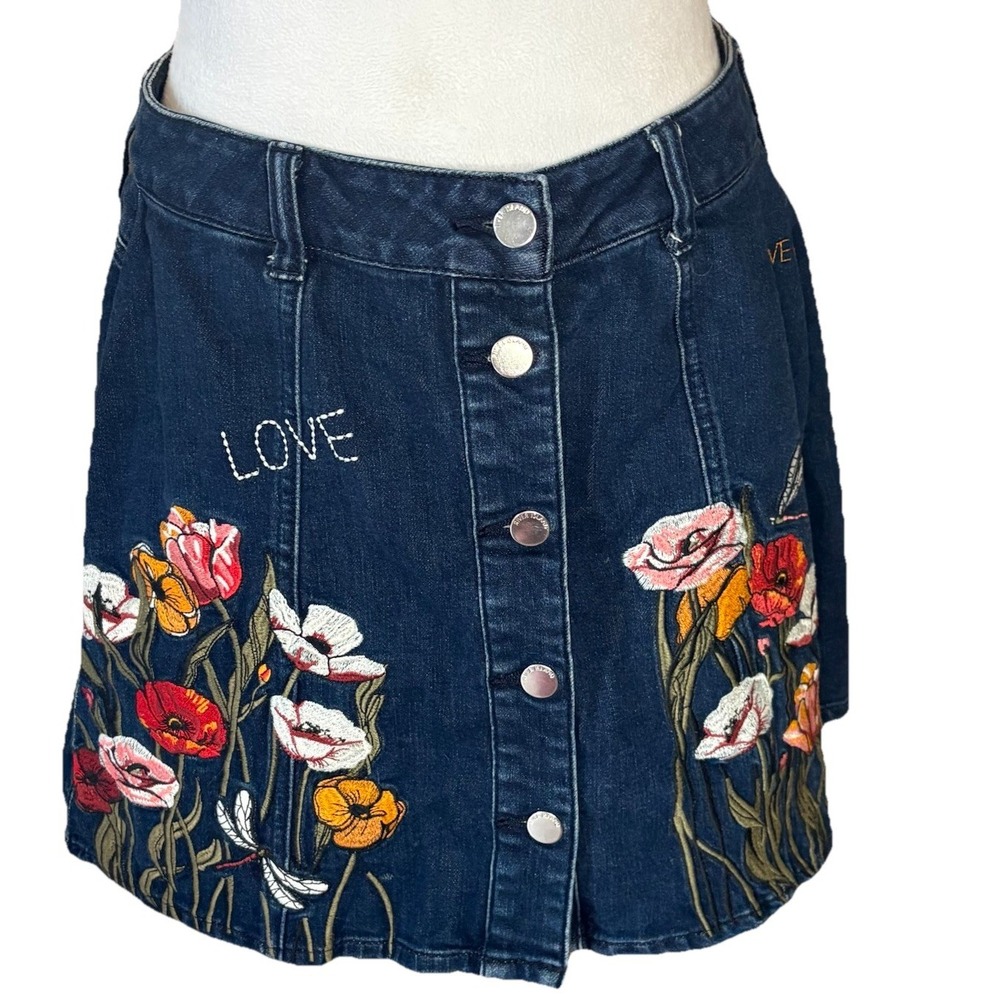River Island Embroidered Denim A-Line Skirt  Floral US Sz2-4 UK Sz 6 Cottagecore